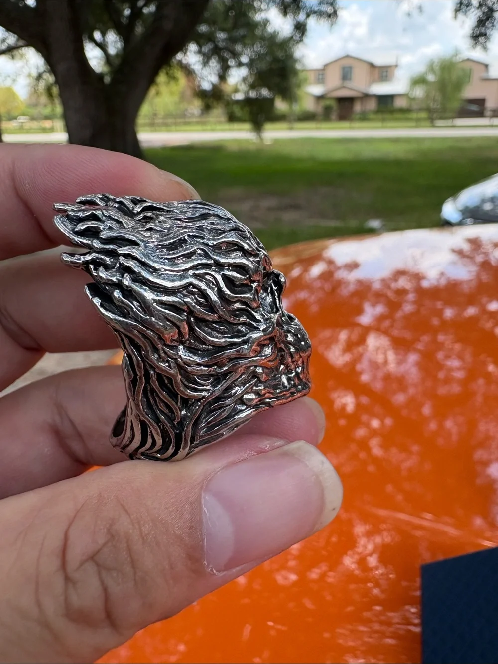 Men's Silver-Tone Flame Skull Ring - Bold Statement Jewelry